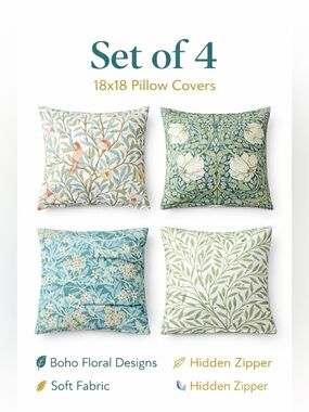Set of 4 Boho Green Orange Floral Pillow Covers 18x18 Cushion Decor